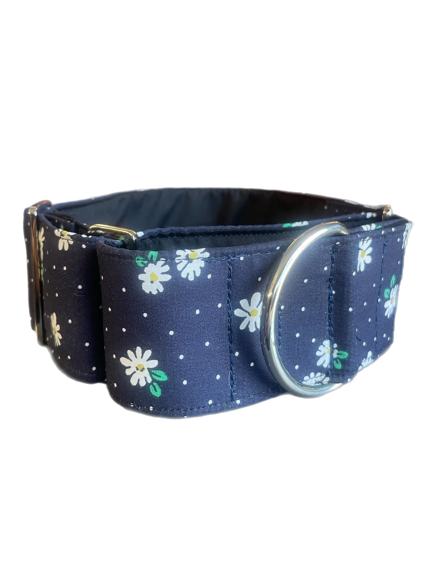 Small white flowers on navy design collar greyhound 5cms cotton fabric covered webbing