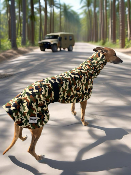 Cammo green print deluxe style greyhound coat camouflage double polar fleece washable