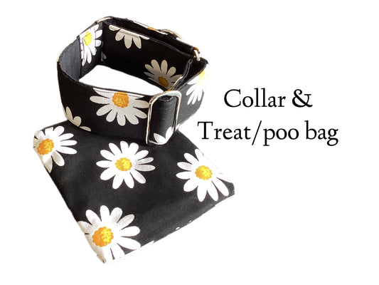 Wide Martingale collar daisies on black sturdy 50mm width