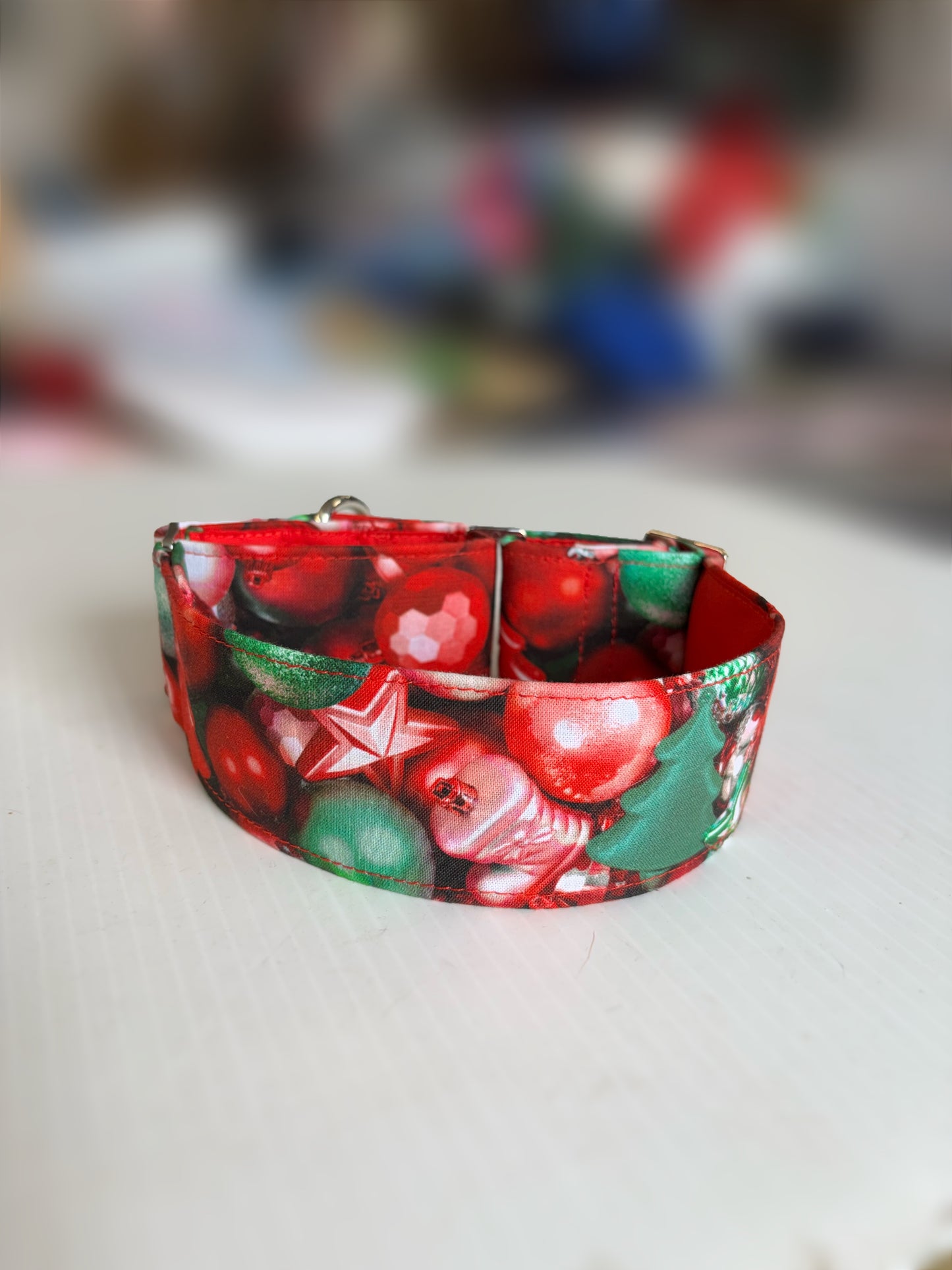 Christmas baubles in red and green cotton covered greyhound Martingale collar comfortable super soft