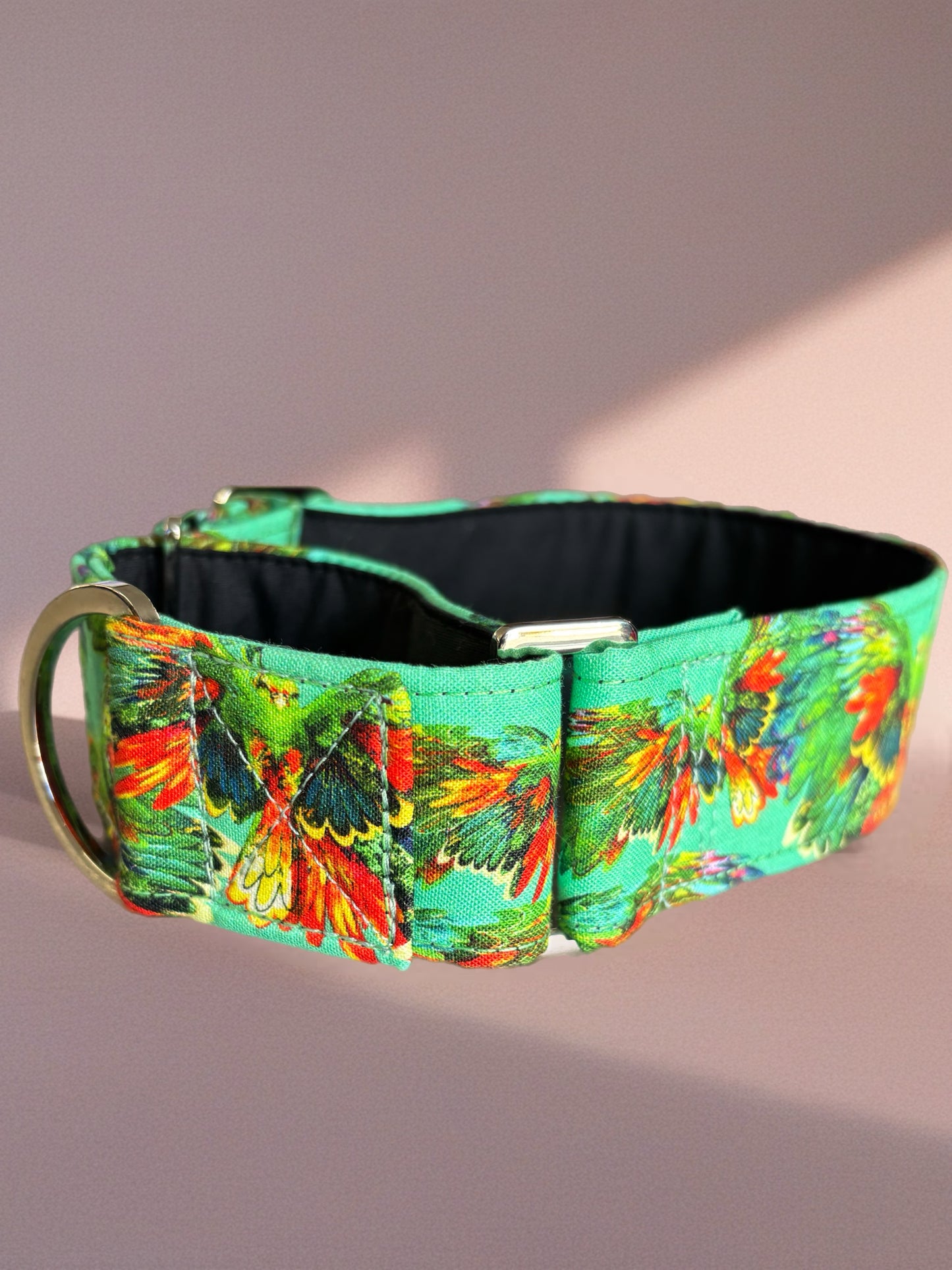 Stunning green macaw cotton covered greyhound Martingale collar 38mm or 50 mm wide super soft. Limited stock until after Christmas
