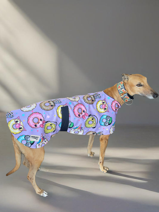 Going Donuts classic style Greyhound coat in a lightweight cotton & plush fleece combo washable