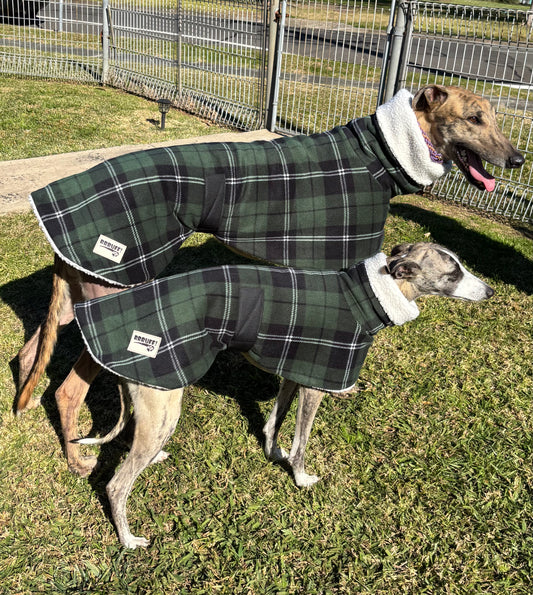 Green Lumberjack Greyhound coat in deluxe style rug tartan check polar fleece washable extra wide neck