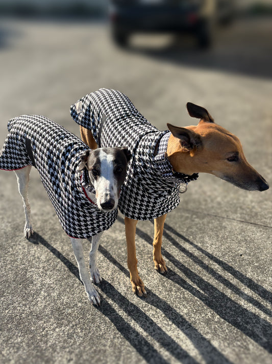 Greyhound sports coat Houndstooth black and white with red inner fleece