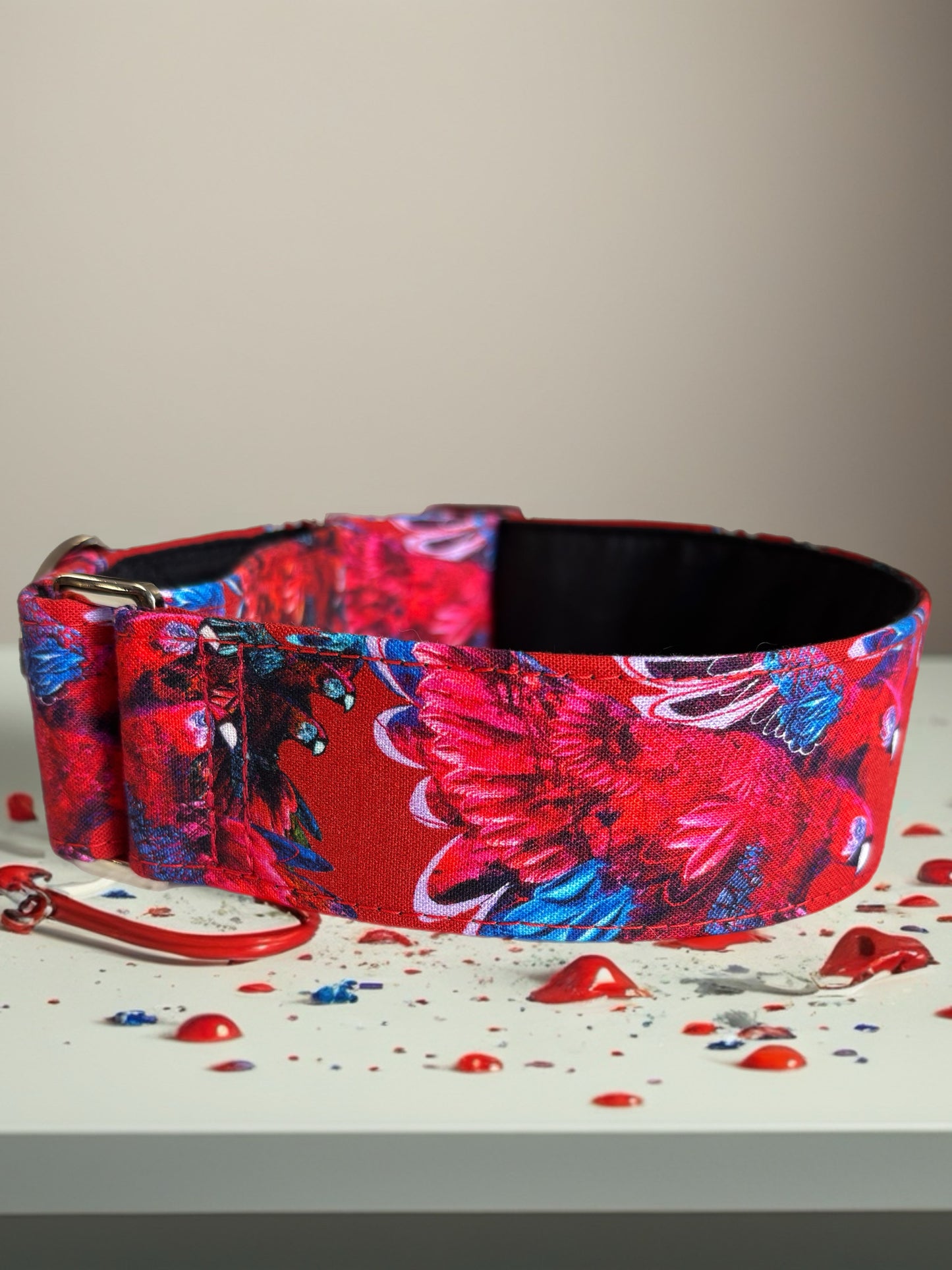 Bold scarlet macaw cotton covered greyhound Martingale collar 38mm wide super soft. Limited stock until after Christmas