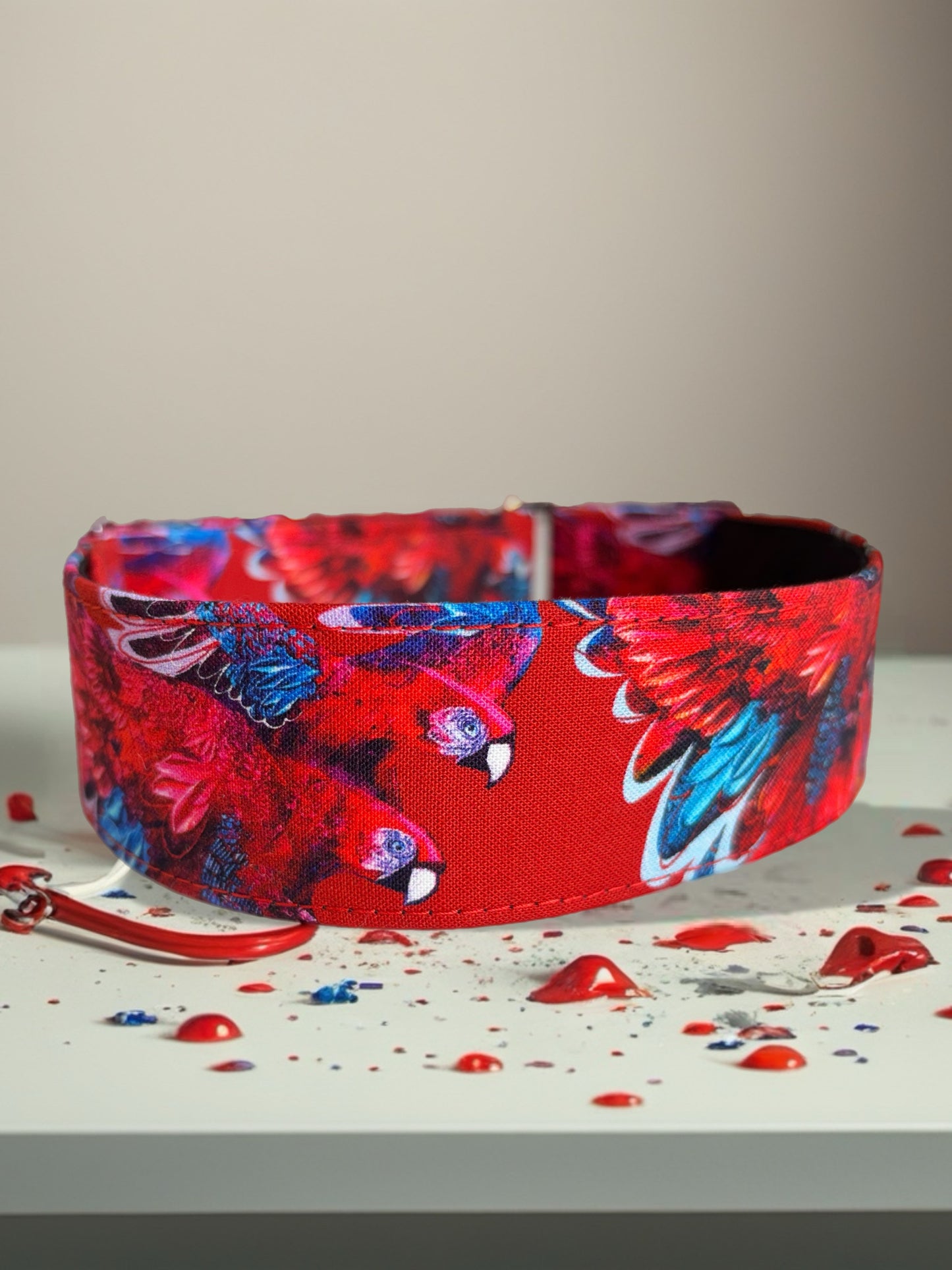Bold scarlet macaw cotton covered greyhound Martingale collar 38mm wide super soft. Limited stock until after Christmas
