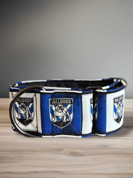 Bulldogs inspired THE martingale for the exceptional greyhound. Limited edition. Handmade by two ladies in NSW