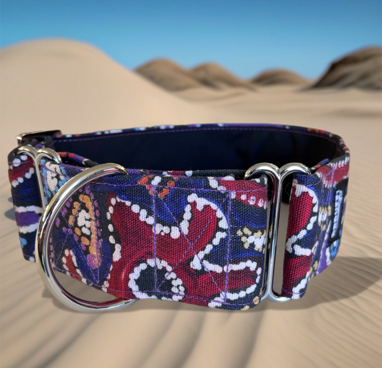 Painted in violet indigenous design greyhound martingale collar in cotton