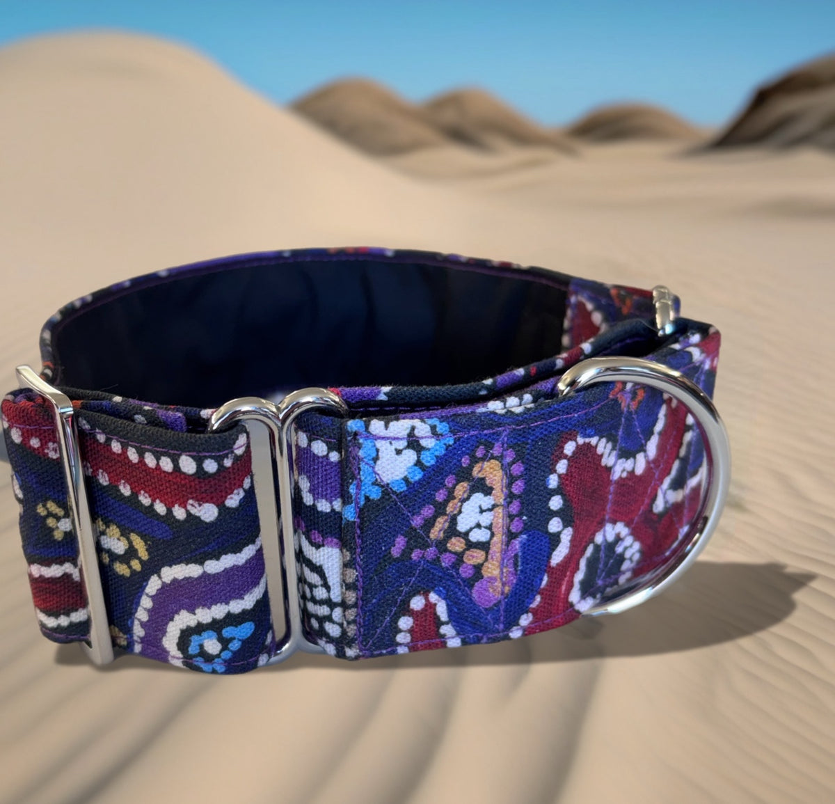 Painted in violet indigenous design greyhound martingale collar in cotton