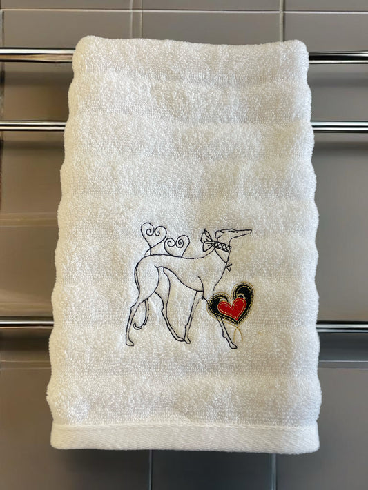 Embroidered hand towel greyhound design