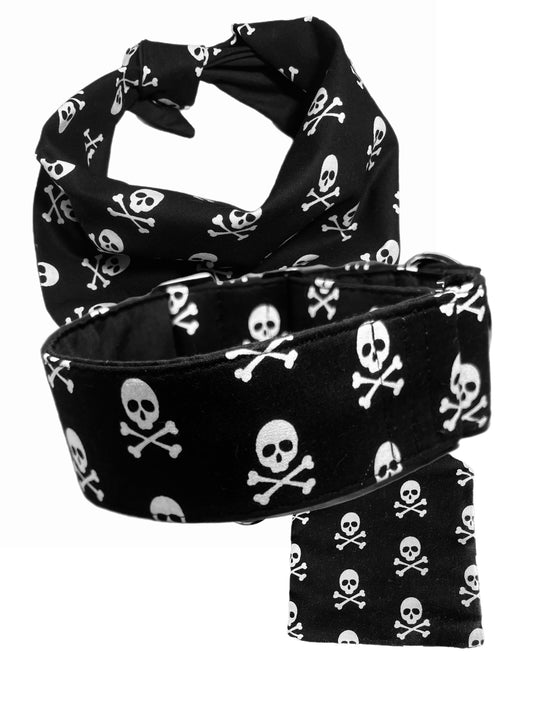 Black & white pirate skull & crossbones greyhound Martingale collar cotton covered 50mm width super soft