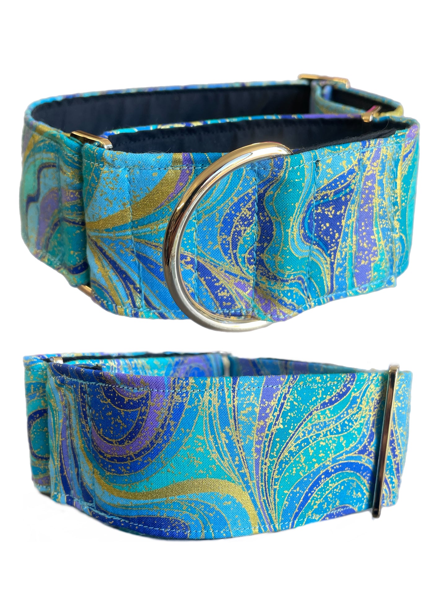 Cotton covered greyhound Martingale collar aqua turquoise gold shimmer wide super soft