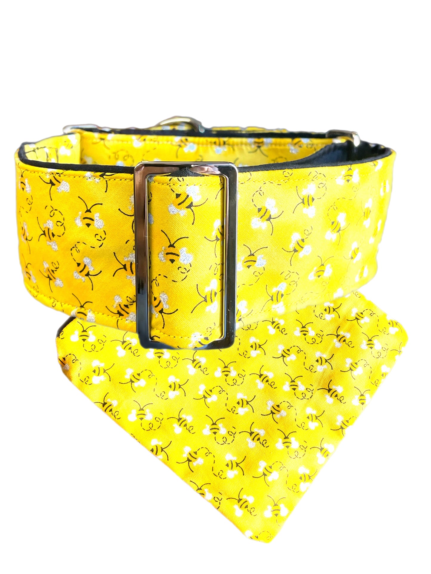 Bee happy yellow sparkles greyhound whippet Martingale collar cotton covered 50mm width super soft