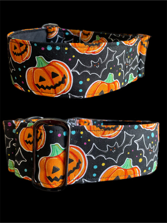 Pumpkin Halloween design martingale collar greyhound 5cms cotton fabric covered webbing