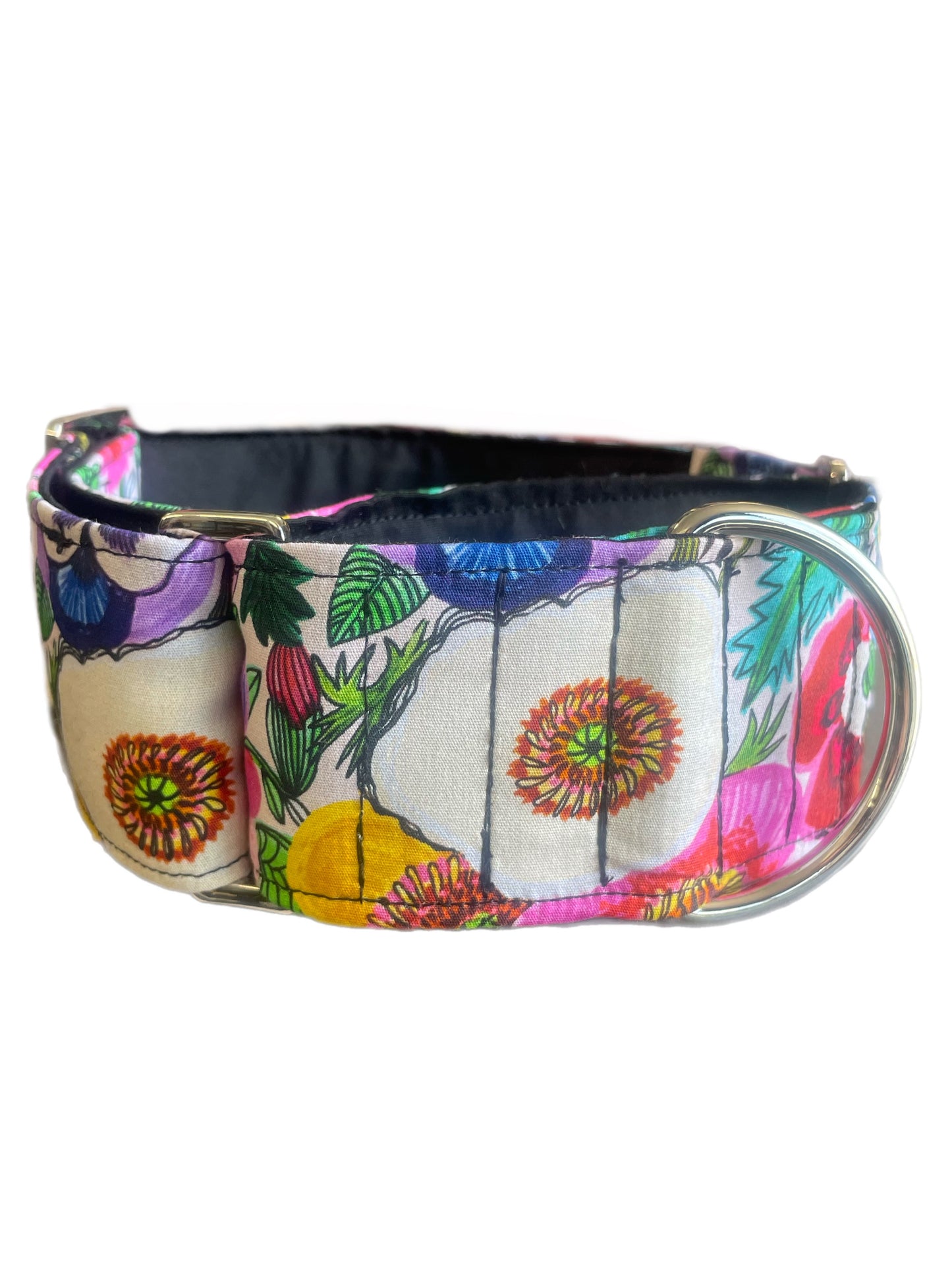 Bright pansies on vivid white  greyhound Martingale collar cotton covered 50mm width super soft