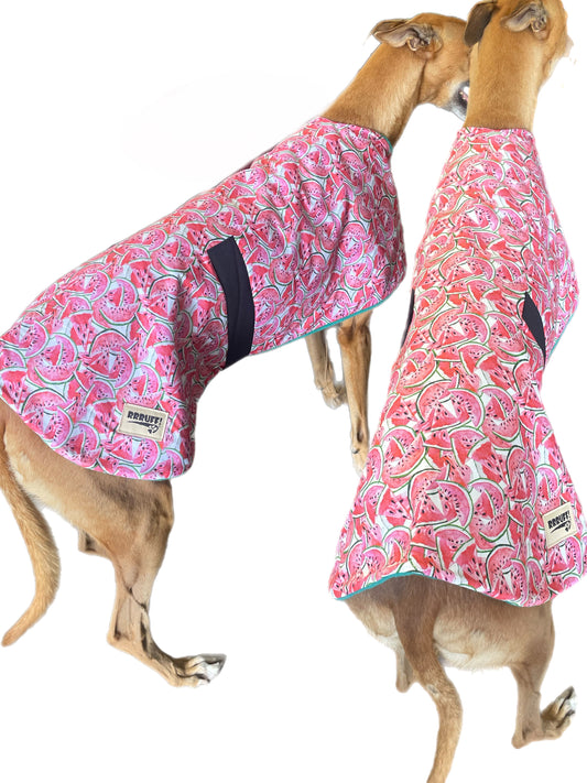 Summer/Autumn range classic style Greyhound ‘soft watermelon’ coat in lightweight cotton & plush fleece washable