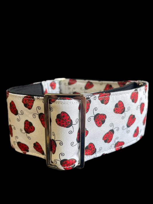 Red Shimmery ladybirds design on crisp white greyhound whippet wide Martingale collar cotton covered super soft