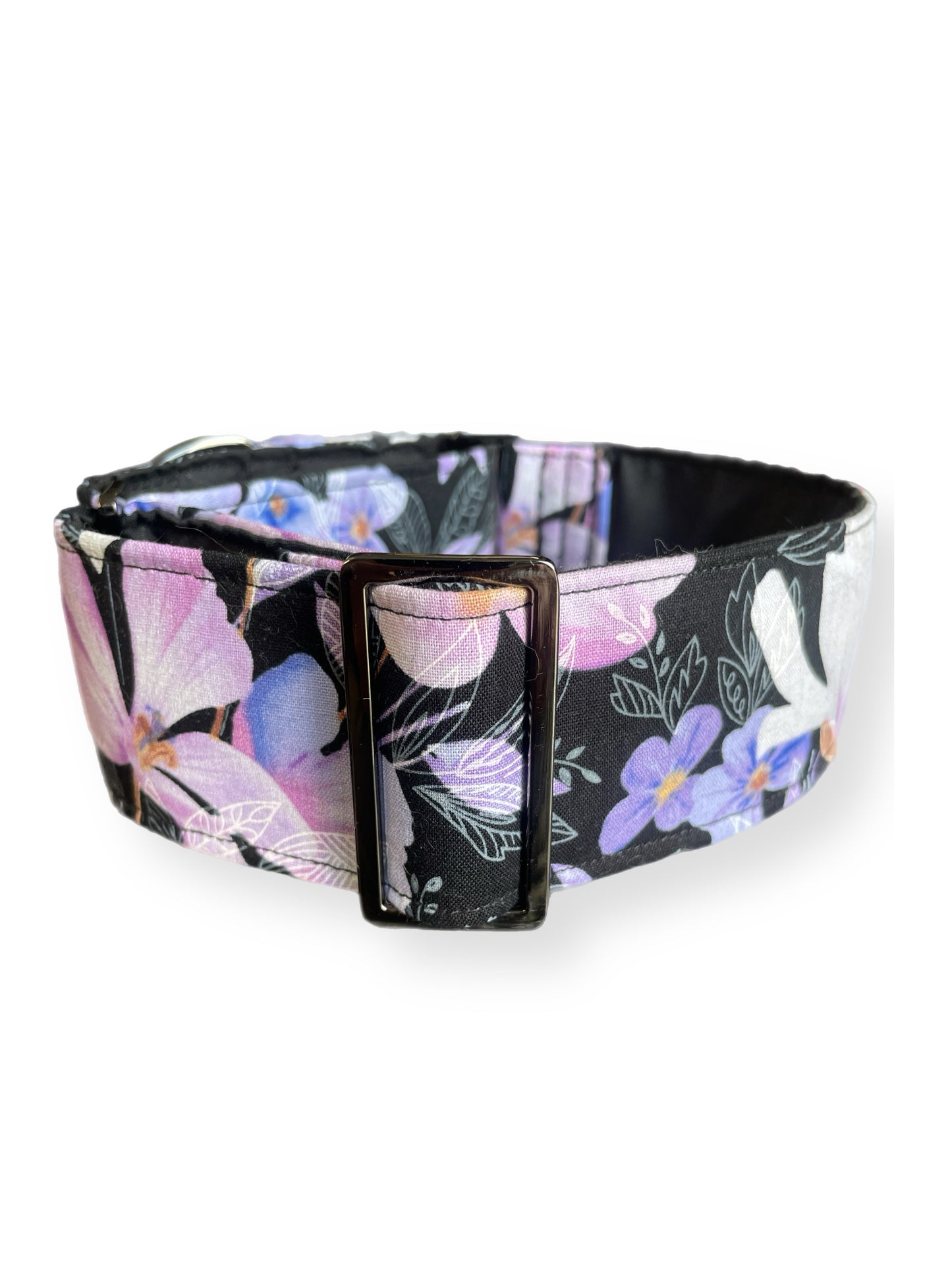 Soft mauve & pink floral on black Martingale collar greyhound 5cms super soft cotton fabric