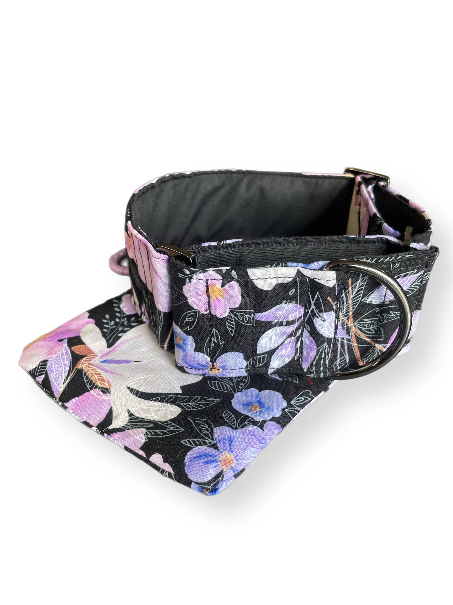 Soft mauve & pink floral on black Martingale collar greyhound 5cms super soft cotton fabric