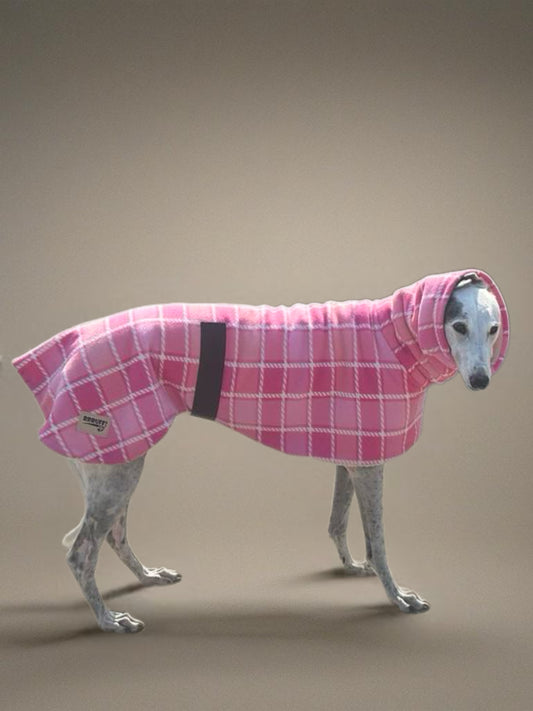 Tradie lady Lumberjack Greyhound coat in deluxe style rug pink tartan check polar fleece washable extra wide neck
