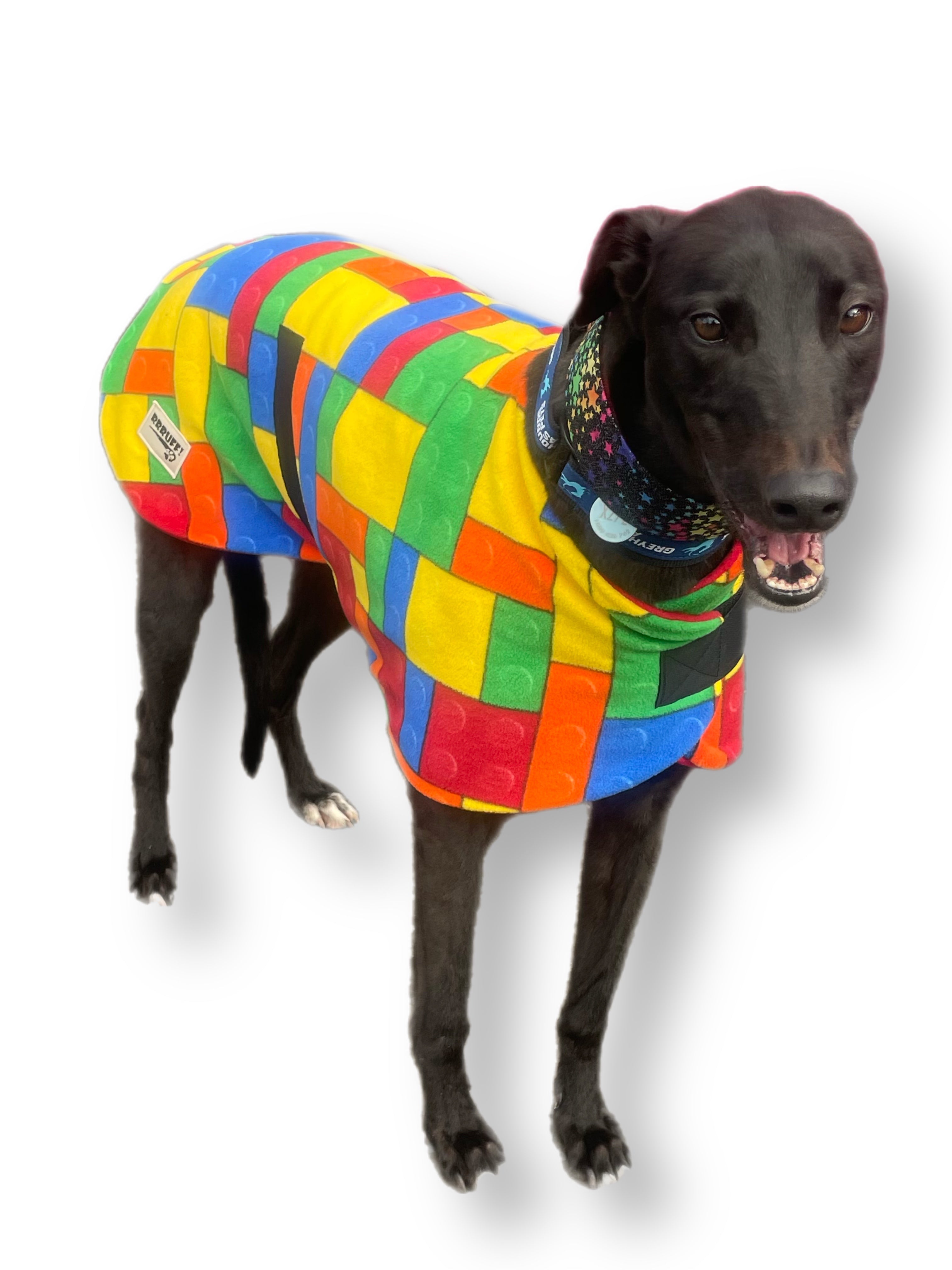 Lego inspired bright Greyhound classic coat rug snuggly polar fleece w RRRUFF