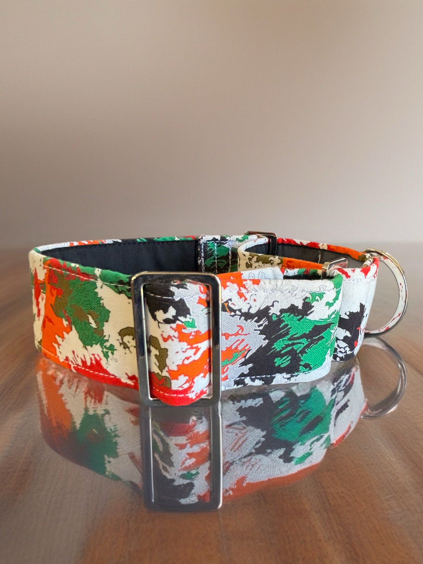 Vivid white Cammo greyhound Martingale collar cotton covered 38 & 50mm width