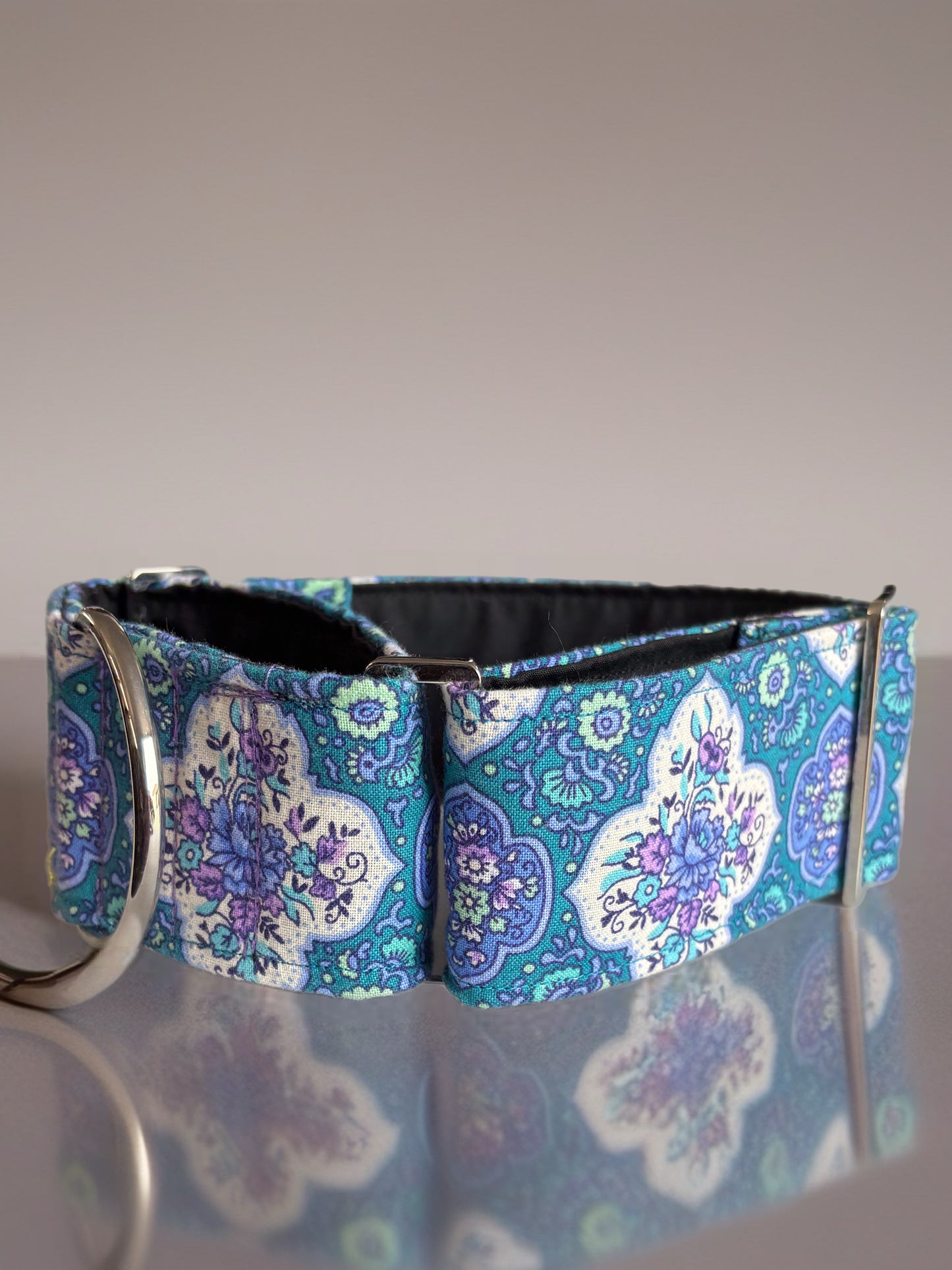 Bohemian blue paisley martingale collar greyhound 5cms cotton fabric covered webbing, collar and bag bundle