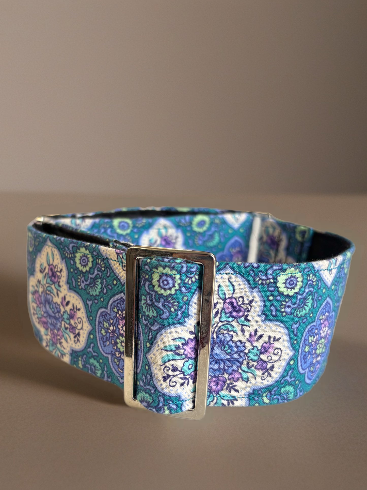Bohemian blue paisley martingale collar greyhound 5cms cotton fabric covered webbing, collar and bag bundle