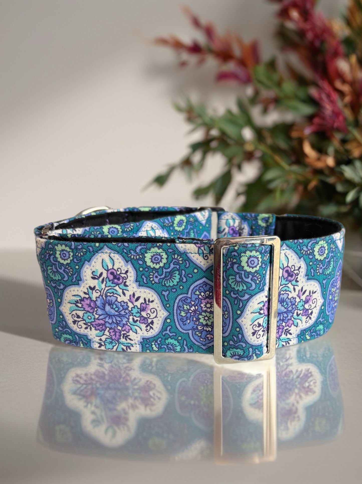 Bohemian blue paisley martingale collar greyhound 5cms cotton fabric covered webbing, collar and bag bundle