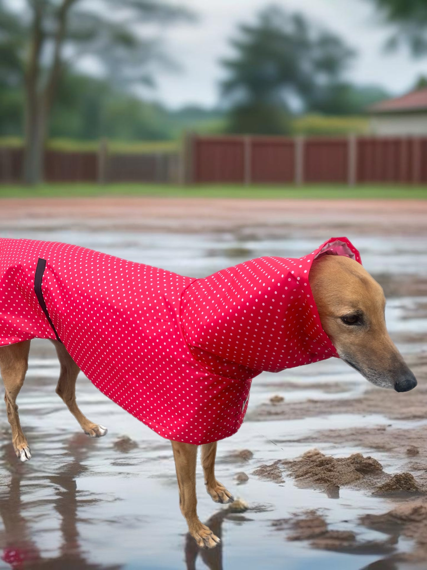 Summer rainwear vibrant red Greyhound deluxe style, spring showers, ultra lightweight