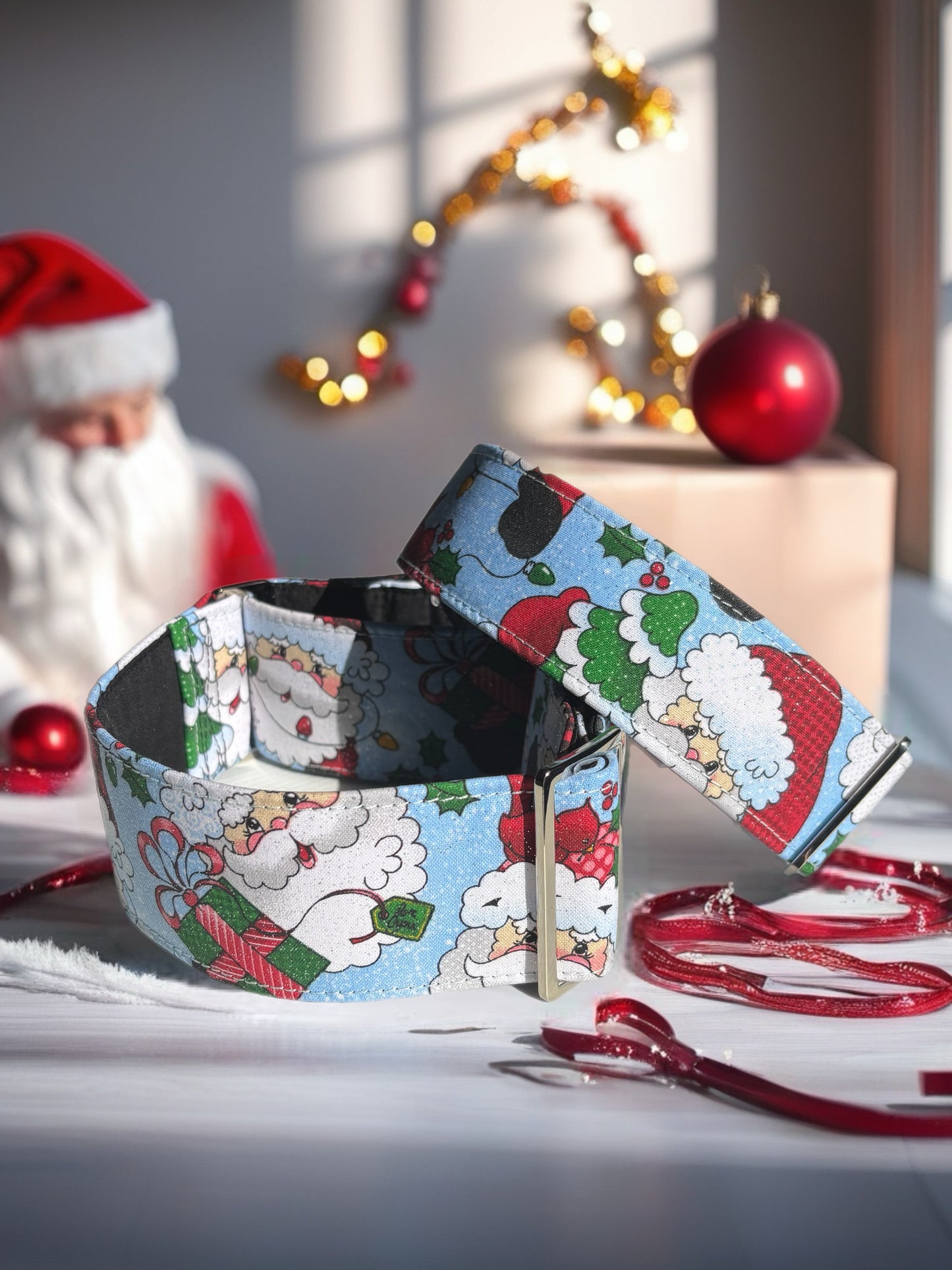 Soft blue Santa with sparkles fun greyhound Martingale collar comfortable super soft