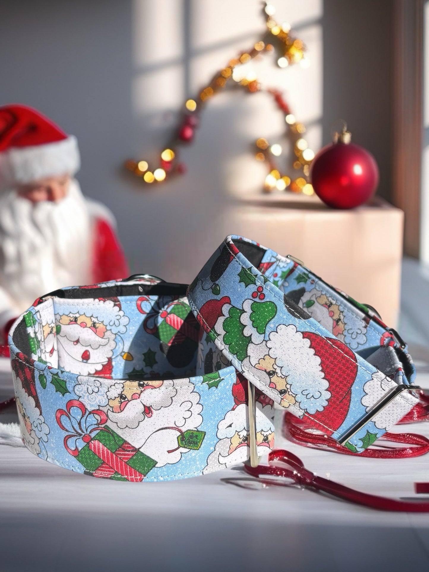 Soft blue Santa with sparkles fun greyhound Martingale collar comfortable super soft