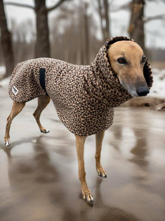 Leopard print Greyhound Deluxe Dog coat dog rug, extra thick double polar fleece black washable extra wide hoodie