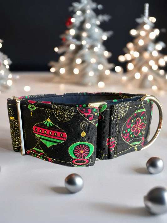 Christmas baubles and gold shimmer thread Cotton covered greyhound Martingale collar comfortable super soft