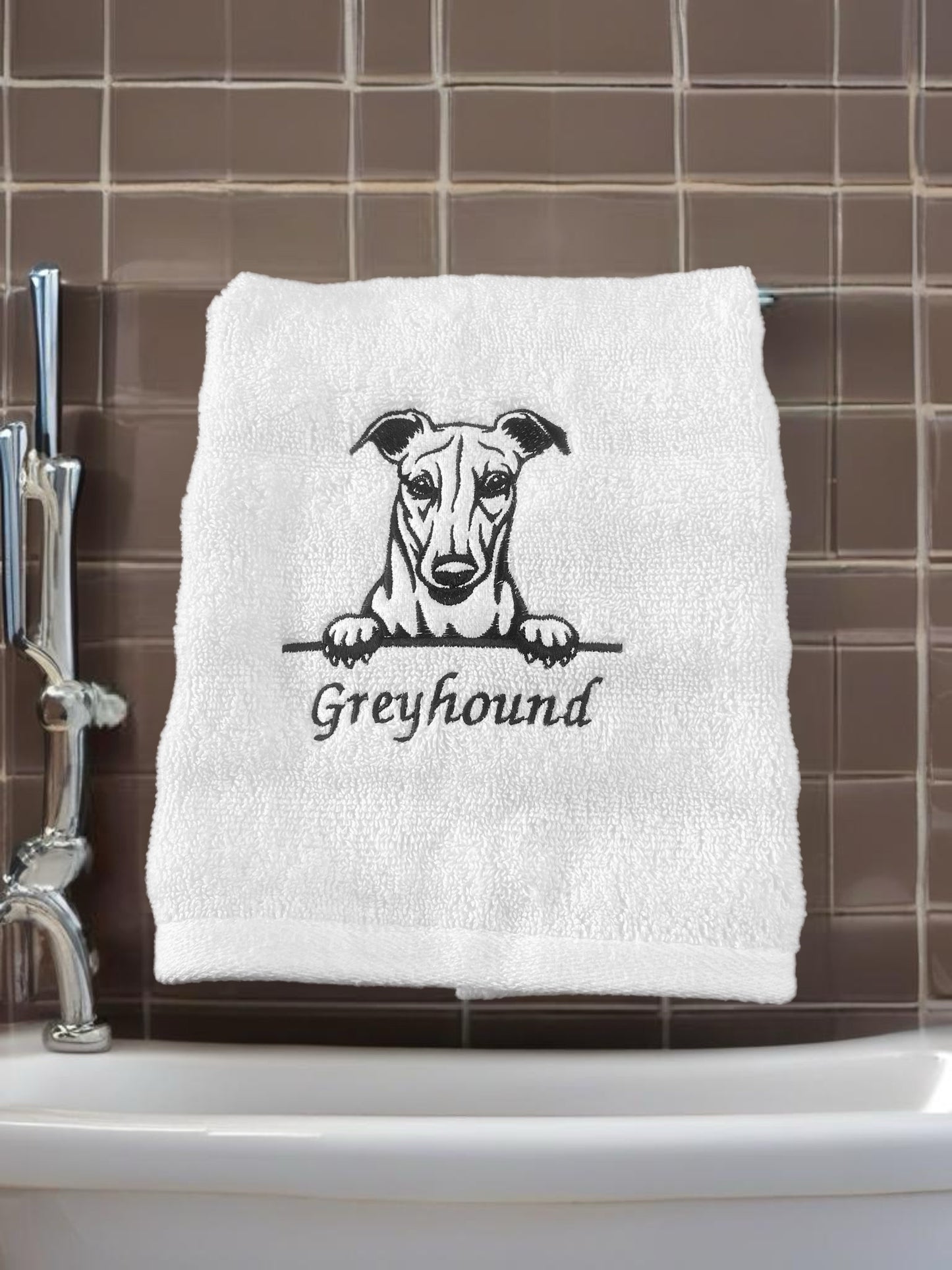 Embroidered hand towel greyhound design