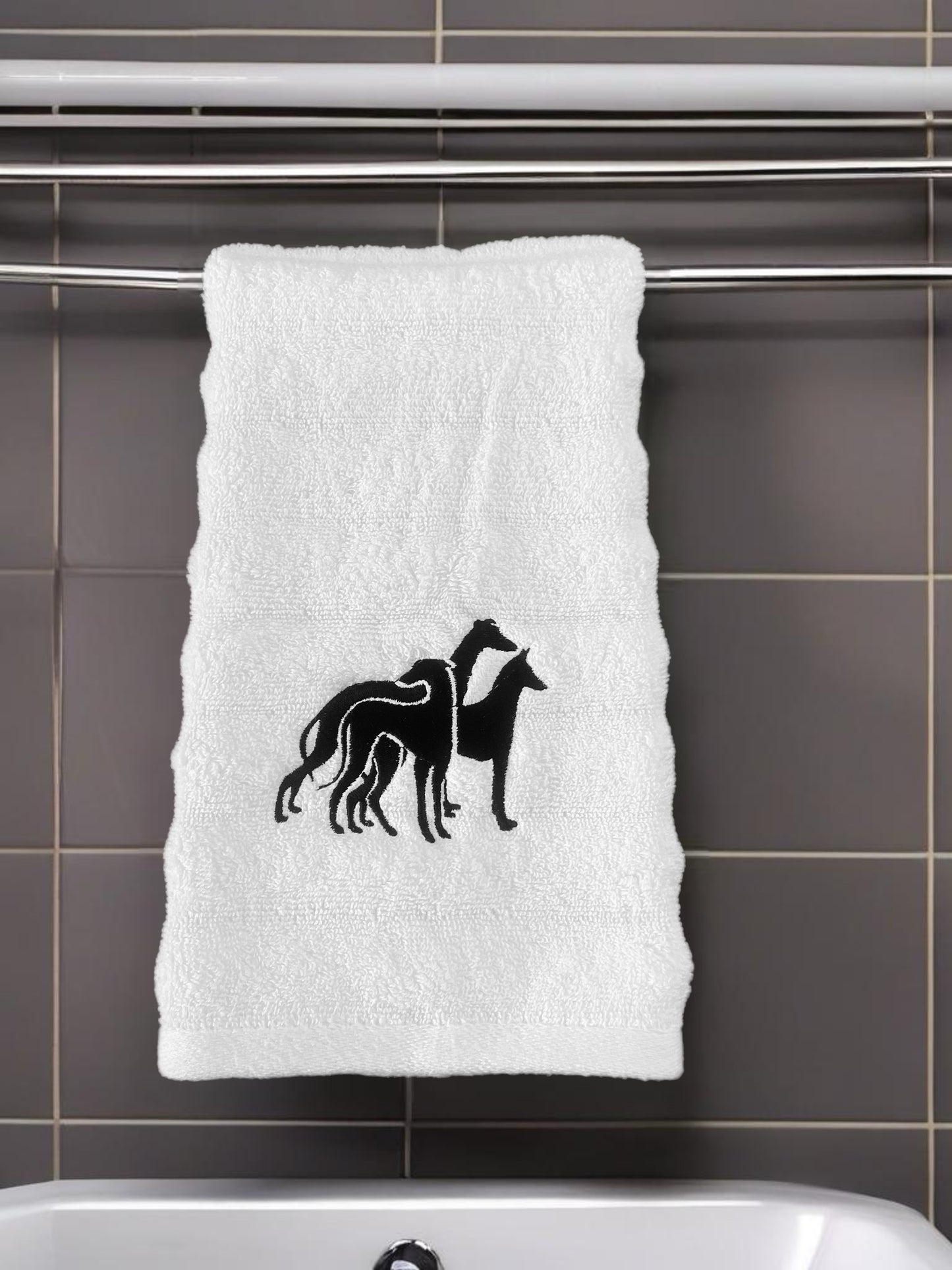 Embroidered hand towel greyhound design