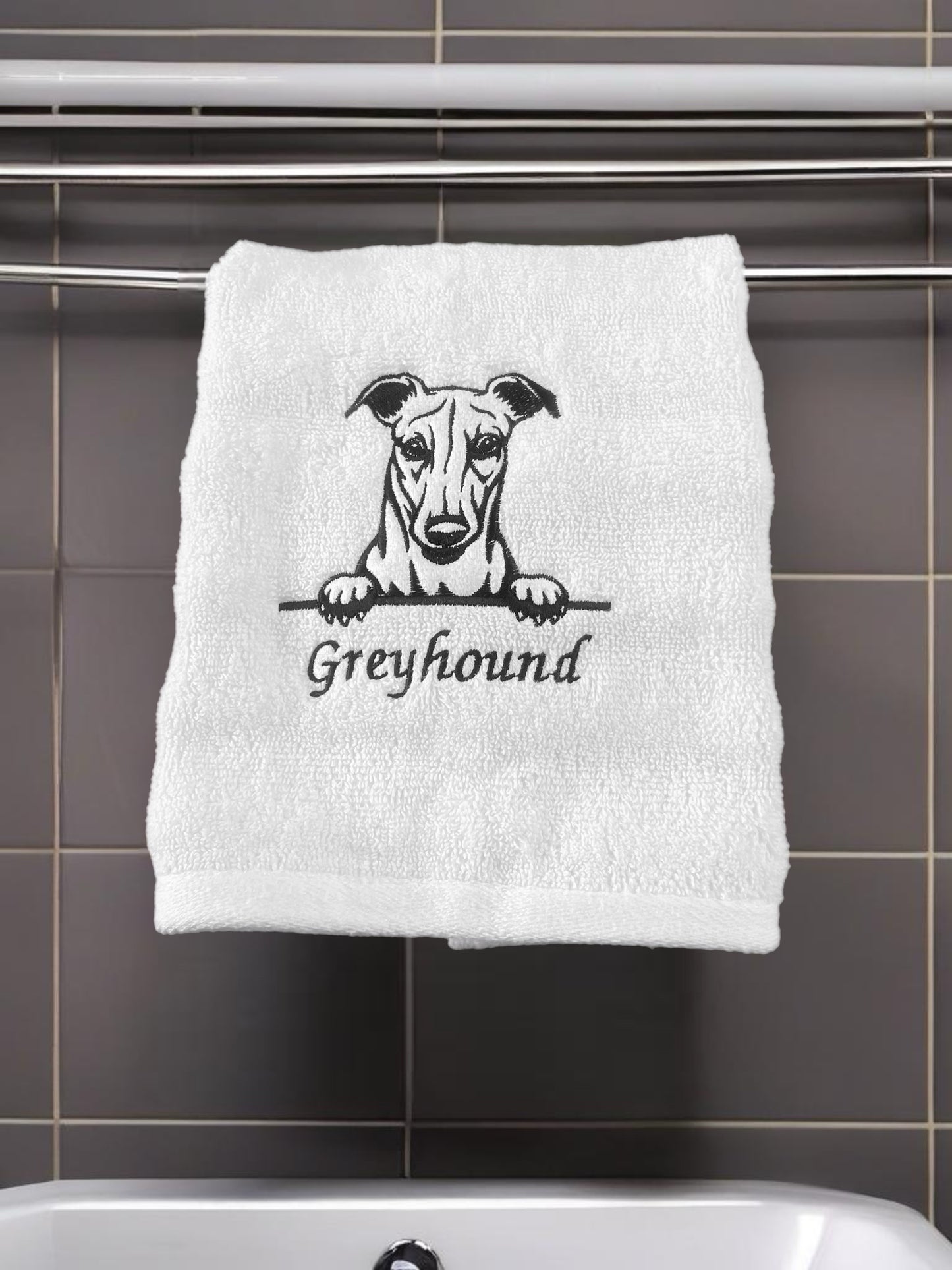 Embroidered hand towel greyhound design