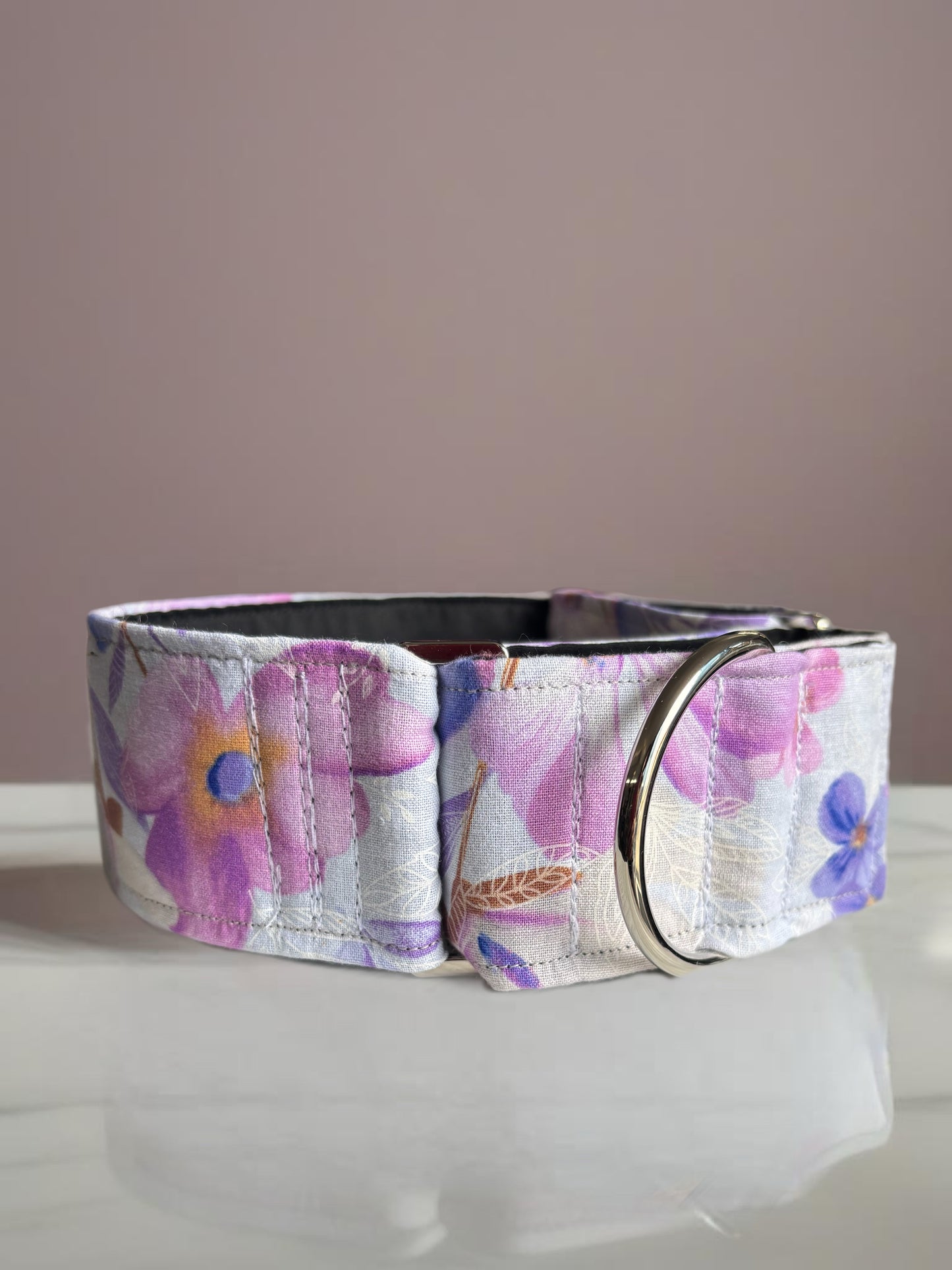 Mauve floral Greyhound Martingale collar cotton covered 50mm width soft