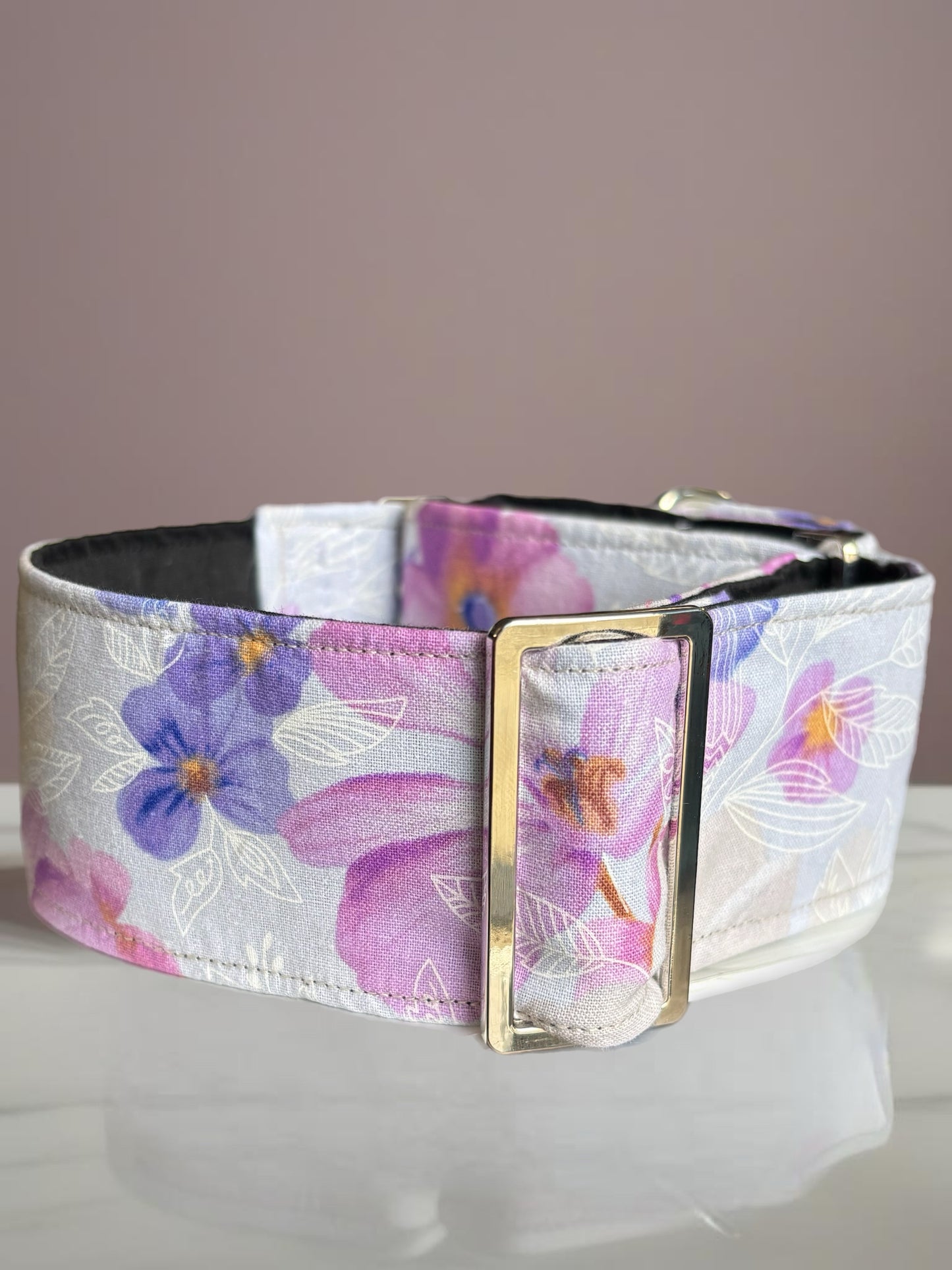 Mauve floral Greyhound Martingale collar cotton covered 50mm width soft