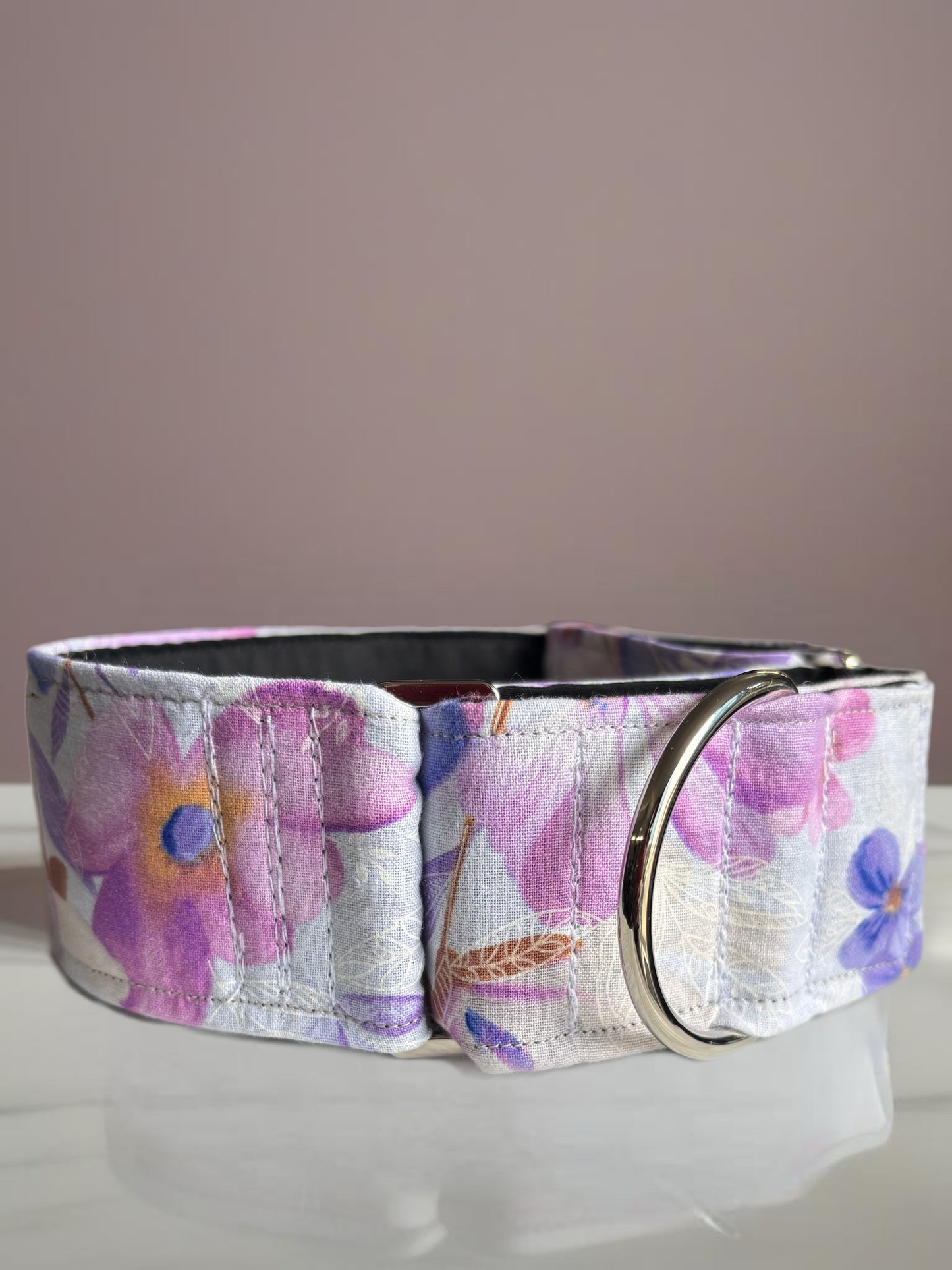 Mauve floral Greyhound Martingale collar cotton covered 50mm width soft