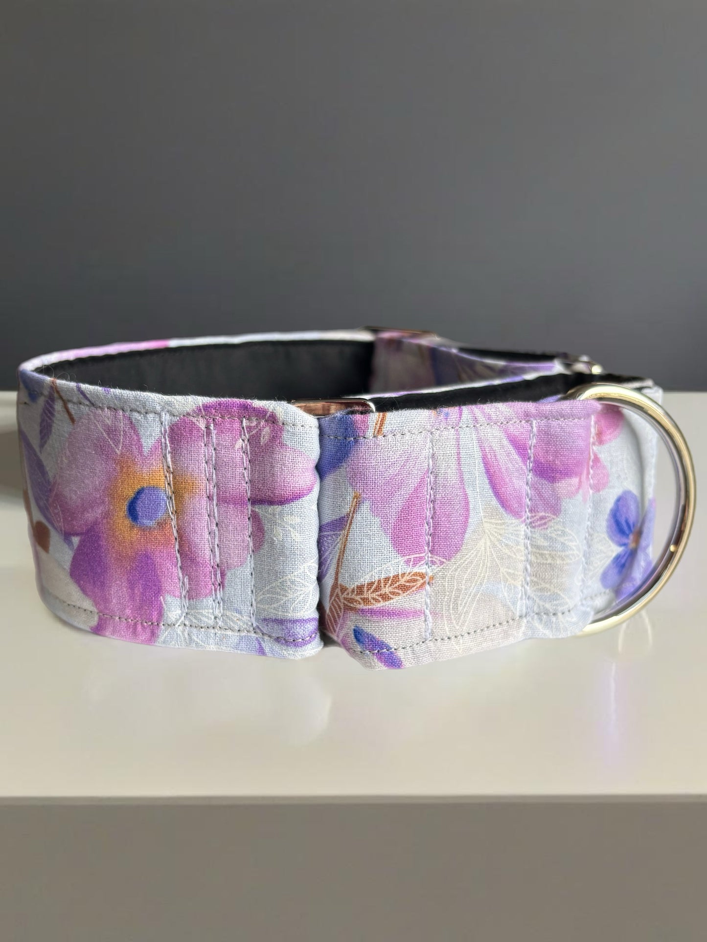 Mauve floral Greyhound Martingale collar cotton covered 50mm width soft