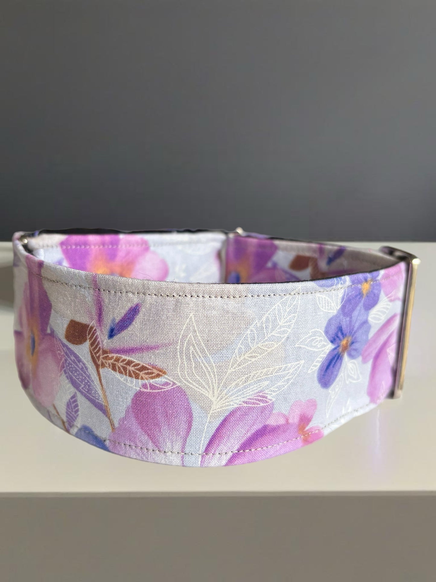 Mauve floral Greyhound Martingale collar cotton covered 50mm width soft