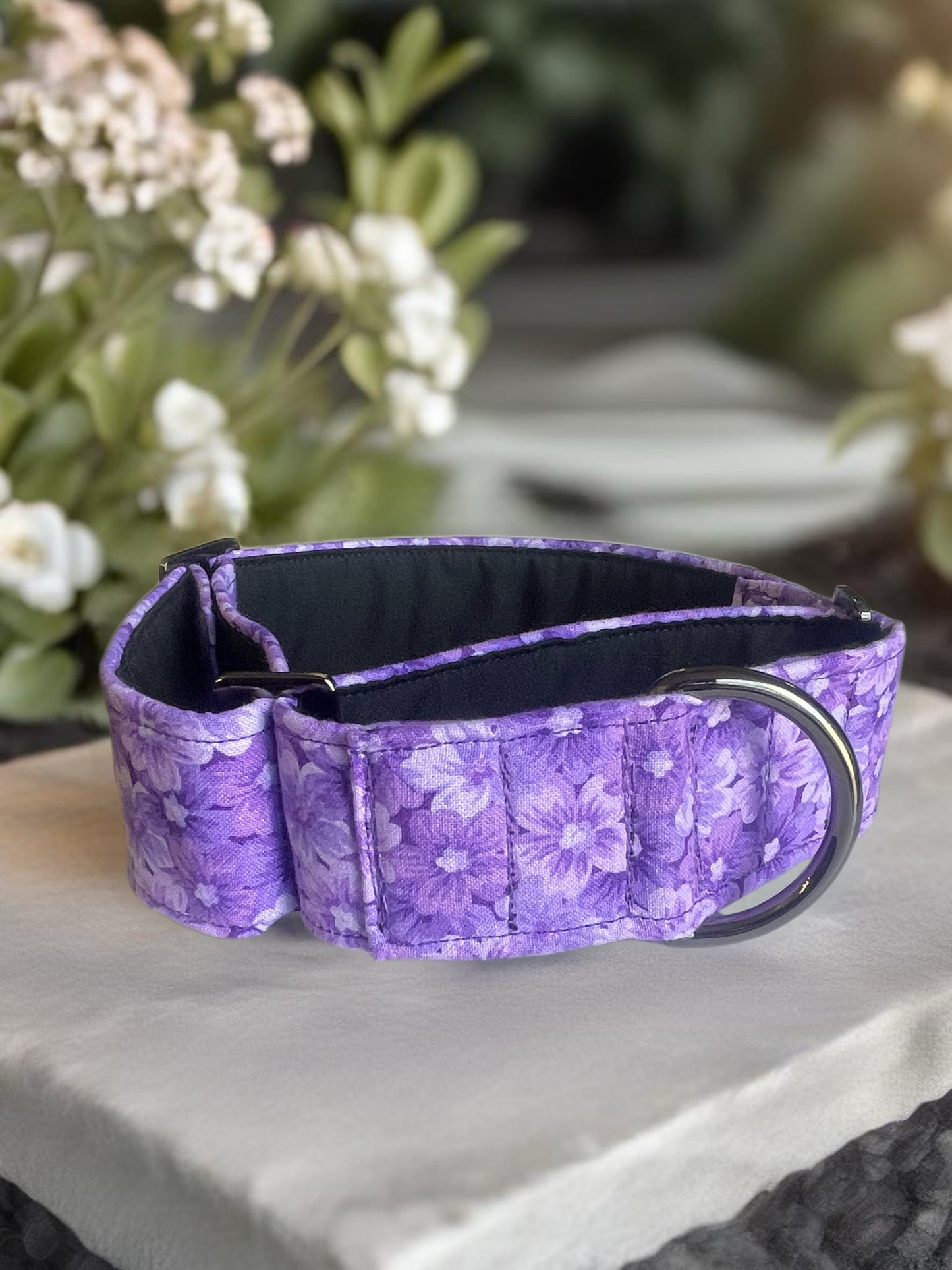 Purple floral greyhound Martingale collar cotton covered 38 & 50mm width