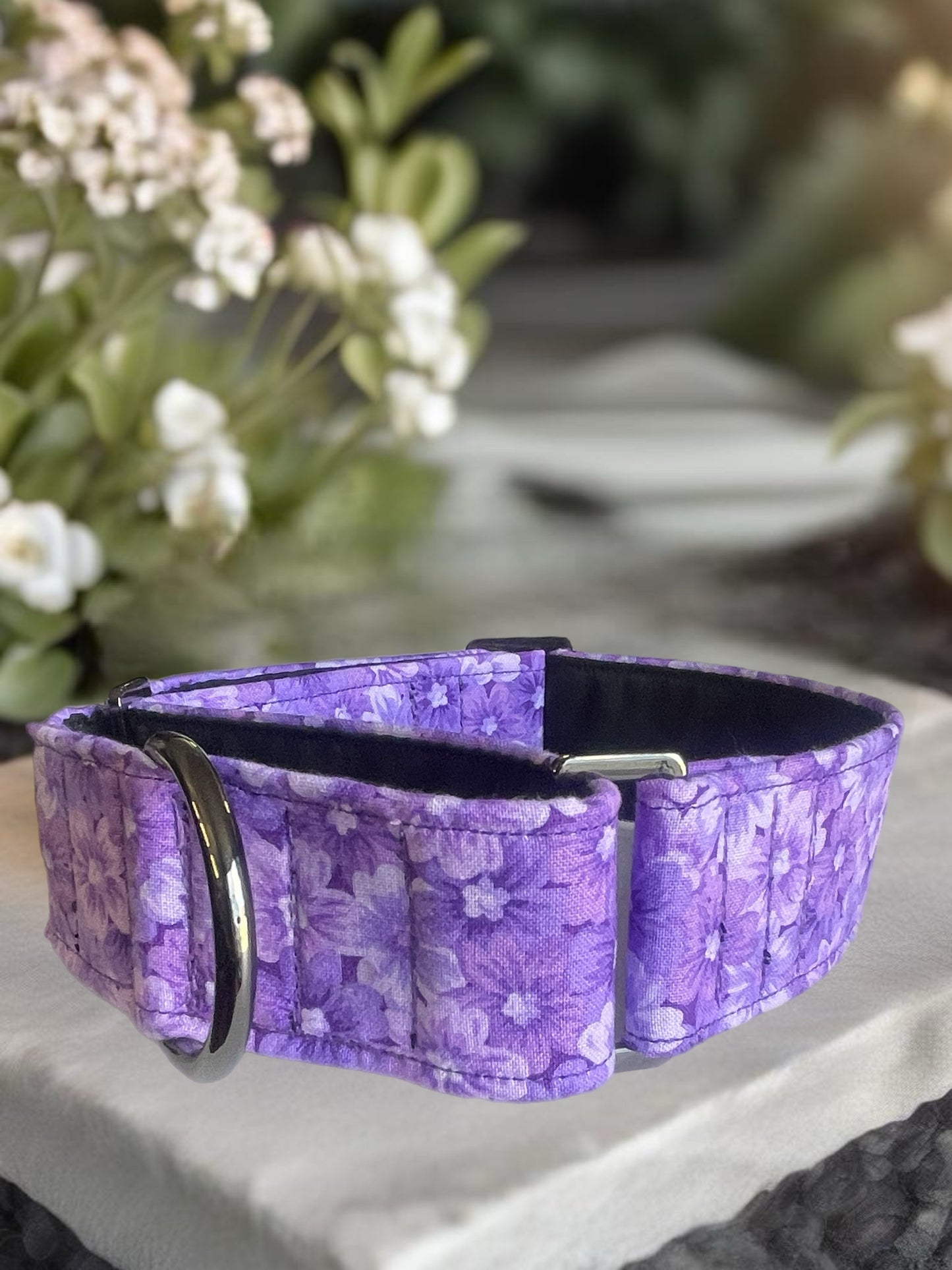 Purple floral greyhound Martingale collar cotton covered 38 & 50mm width