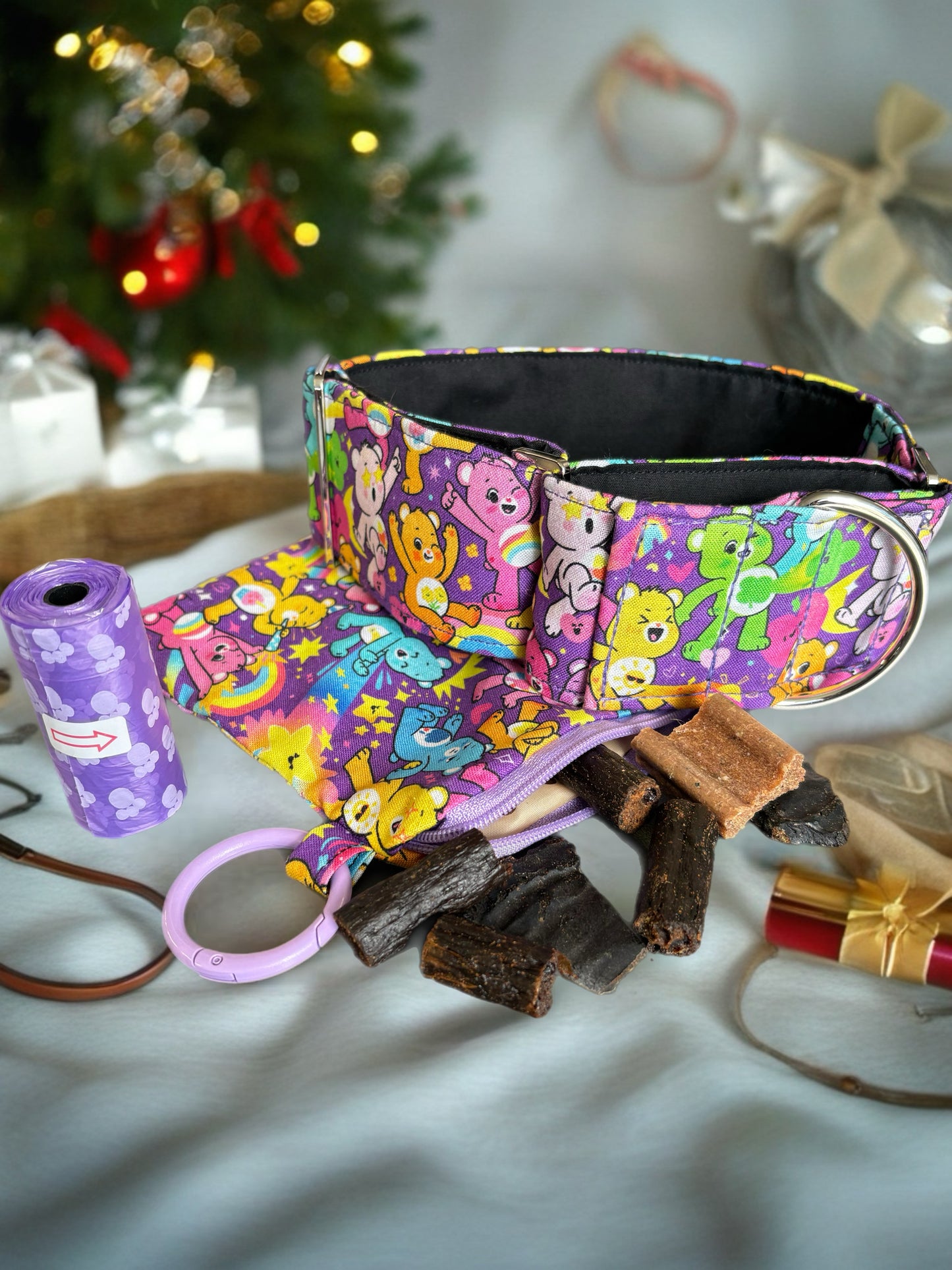 One only of each! Care Bears Martingale collar cotton covered plus go bag filled with treats. On sale