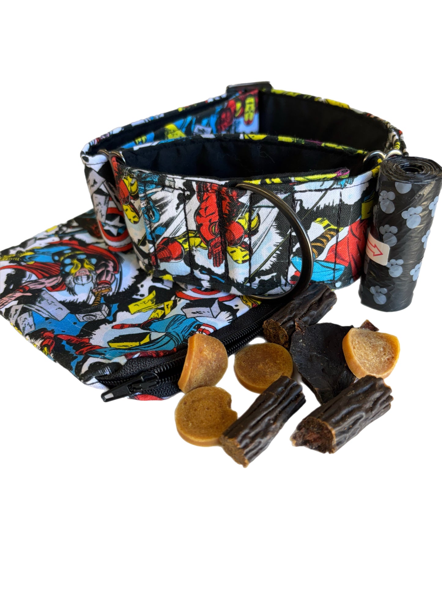 Only one of each! 50mm Cotton martingale collar plus go bag filled with treats. On sale