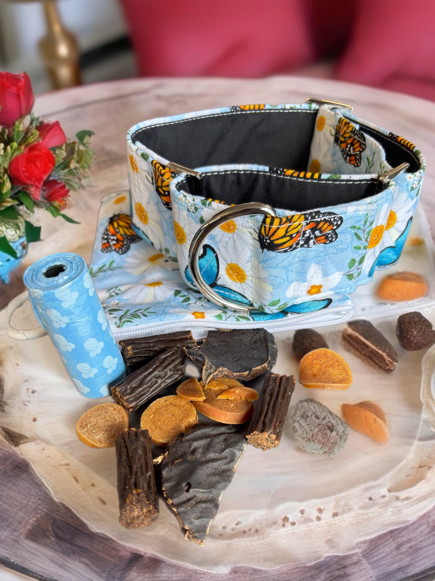 Summer blue butterflies cotton covered greyhound Martingale collar