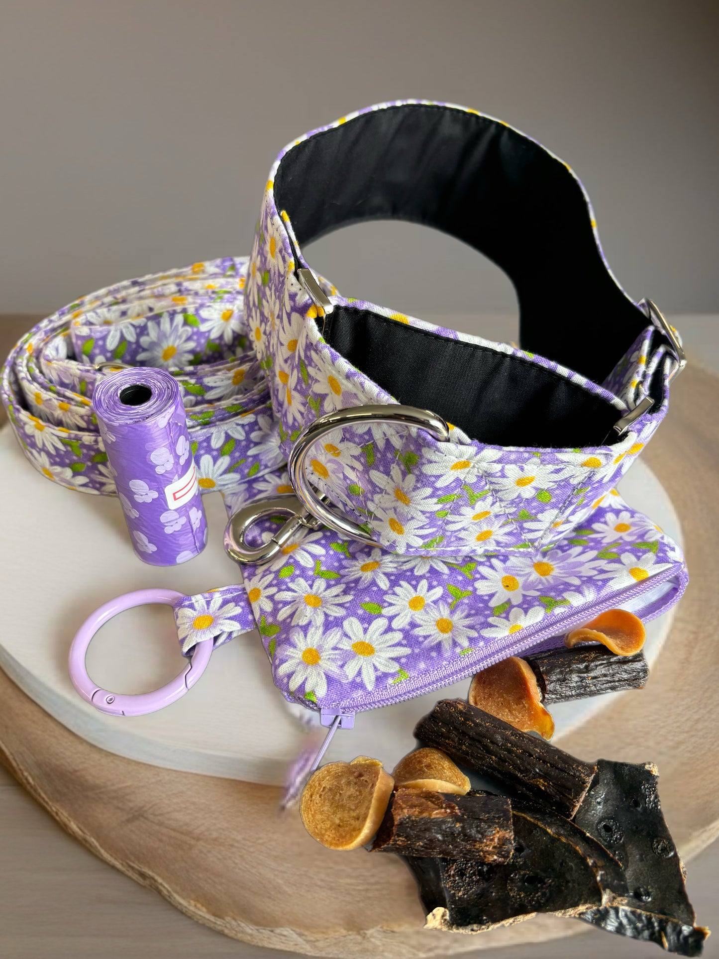 Soft purple daisies design Cotton covered greyhound Martingale collar wide super soft