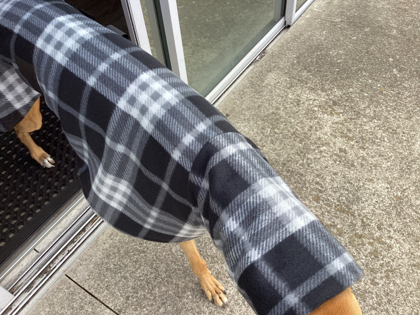 Black and grey check tartan winter deluxe style greyhound coat in double fleece with extra wide neck roll