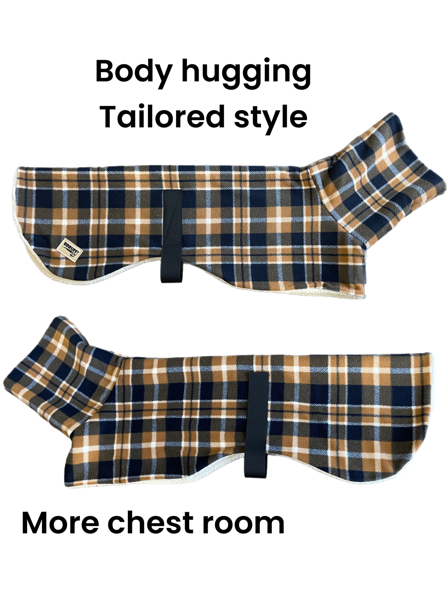 The caramel Lumberjack Greyhound coat in deluxe style rug brown/navy flanno plaid check  polar fleece washable extra wide neck